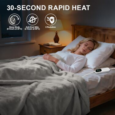 Електрична ковдра Aischens з фланелі, бавовни та шерпи, 130x180 см, двошарова, швидкий нагрів 30S, захист від мікроорганізмів, режим сну, 6 температурних режимів, таймер 1-10 годин, захист від перегріву, сірий колір