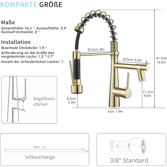 Змішувач кухонний LED Chrome з висувною лійкою, 360° поворот, 2 виходи, високий тиск (золотий)