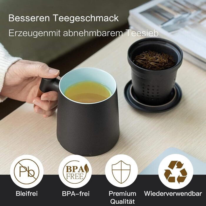 ZENS Teacup with Lid and Infuser, 360 ml Wooden Handle Tea Cup with Tea Strainer and Lid for Loose Leaf Tea, Matte Ceramic Tea Cups Gifts for Tea Lovers, Hand-Sprayed Black Glaze