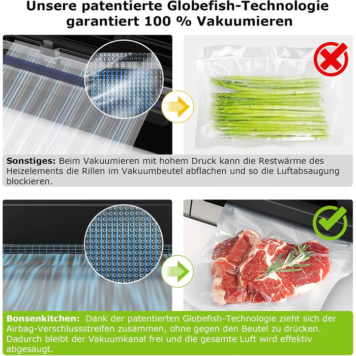 Вакуумний пакувальник Bonsenkitchen 15л/хв, з ручкою та вбудованим ножем, комплект з 2 рулонами, сертифікат екологічності