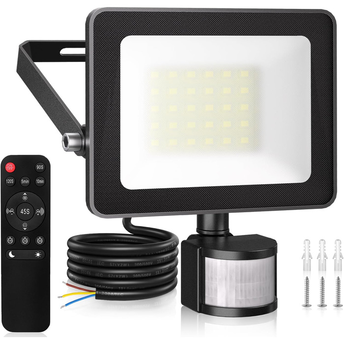 MEIKEE 60W LED Floodlight with Motion Sensor, 5900LM, 6500K Cool White, 3 Modes, 10 Brightness Levels, LED Floodlight with Sensor, IP66 Waterproof Spotlight for Garden, Garage, Sports Field (25 Watt)