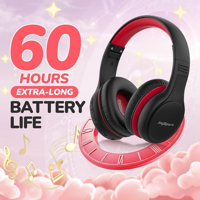 Дитячі Bluetooth навушники JoySpark з мікрофоном, 60 годин роботи, Bluetooth 5.4, Type-C, обмеження гучності 85/94 дБ, складні, чорно-червоні