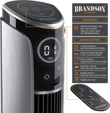 Вентилятор підлоговий Brandson Titan 108cm з пультом керування, нахил 10°, 4 режими, 3 швидкості, сталевий колір