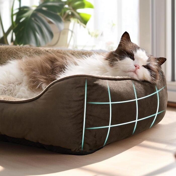 Ліжко для котів BEDSURE велике, миється - 63.5x53см, неслизьке, для собак маленьких порід, квадратне ліжко-кошик з м'яким бортиком, (51 x 41 см (Д x Ш), Коричневе)