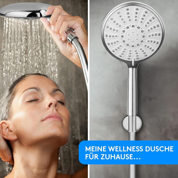 Lyvanas - TEST WINNER - Shower Head with Hose and Holder - Shower Head for Shower & Bathtub in Extra Large (Ø15cm) - Wellness Rain Shower with 5 Spray Patterns (Premium Set 2025)
