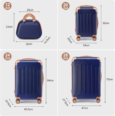 Набір валіз LALAHO 4 шт. з косметичками, з ABS пластику, рожевого кольору (темно-синьо-коричневий, в смужку)