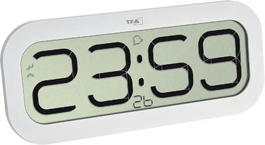 TFA Dostmann Digital Wall Clock with Hourly Chime Bim Bam, 60.4514.02, Radio-controlled Clock with 5 Different Hourly Chimes (Big Ben, Bird, Cuckoo, Bells, Singing Bowl), Alarm Function, LED Display, White