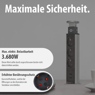 Вбудований мережевий фільтр Brennenstuhl Tower Power, висувна настільна розетка 2м, алюміній/чорний (3 розетки + USB)