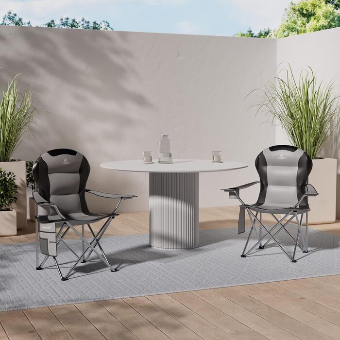 Крісло кемпінгове складне KESSER® до 150 кг, з підлокітниками, високою спинкою, сіре/чорне. З підсклянником та сумкою