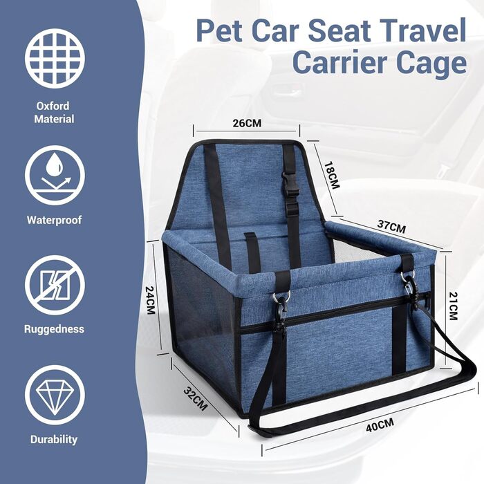 Автокрісло для собак: стабільне, дихаюче, знімне, для маленьких та середніх порід (Marineblau)