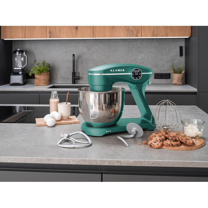 KLAMER 1800W Stand Mixer - Stainless Steel Bowl 6L, 10 Speed with Timer, Planet Mixing Action, Dough Hook, Whisk & Beater - Turquoise