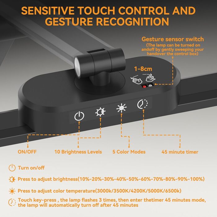 LED лампа для столу Rigors 60 см з двома головками, диммування, 900 лм, денне світло, захист очей, кріплення, 5 кольорів, 10 рівнів яскравості, гнучкий шийка 360°, з адаптером живлення (Th-black)