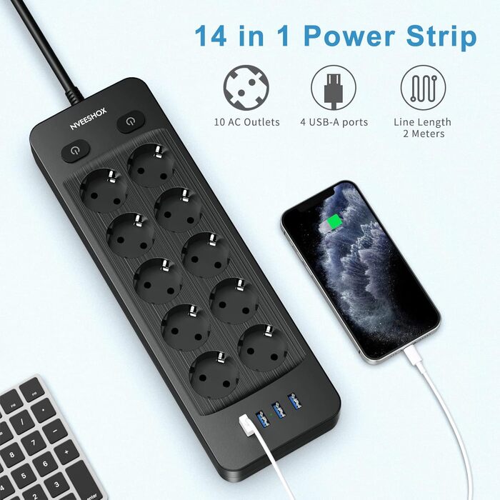 Мережевий фільтр NVEESHOX з 10 розеток, 3 USB-A та 1 USB-C (20W PD), з індивідуальними вимикачами, захист від перенапруги, 2м, для дому та офісу (Чорний)