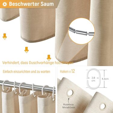 Тканинна шторка для душу BTTN, бежева, 180x200 см, текстура льону, антигрибкова, пральна, з 12 гачками, водонепроникна, з декоративним обтяженням, для ванни, кремового кольору, 1 шт.