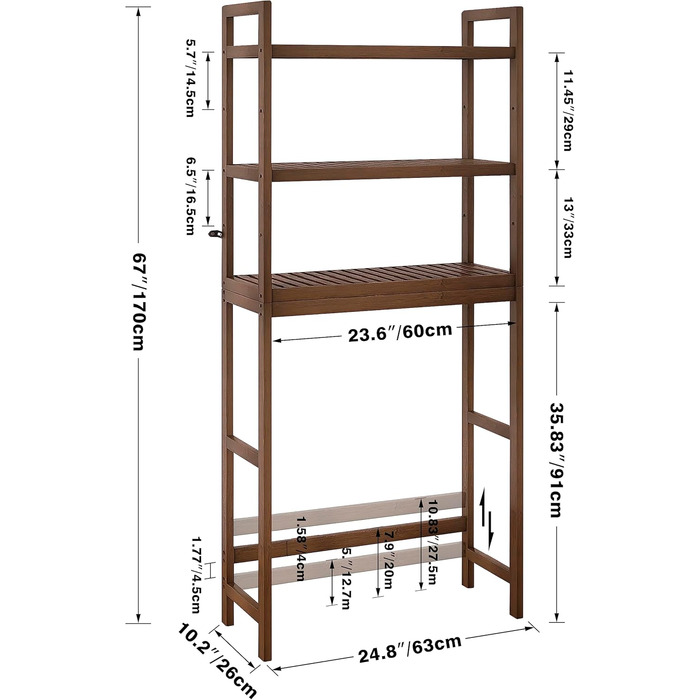 SMIBUY Toilet Shelf, Bamboo Toilet Rack, Adjustable Washing Machine Shelf, Bathroom Shelf with 3 Storage Shelves, Space-Saving, Easy to Assemble (Walnut)