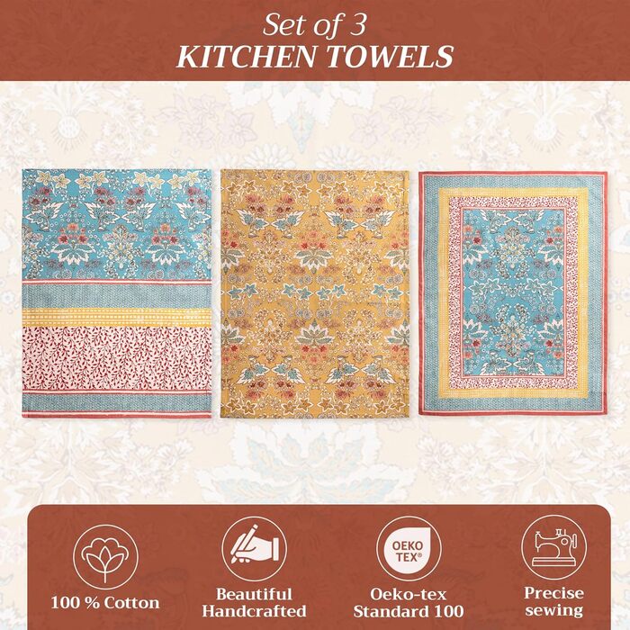Maison d'Hermine Marquise 100% Cotton Set of 3 Multi-Purpose Kitchen Towels Soft, absorbent dish towels | Dish towels | Bar towels | Spring/Summer (50 cm X 70 cm)