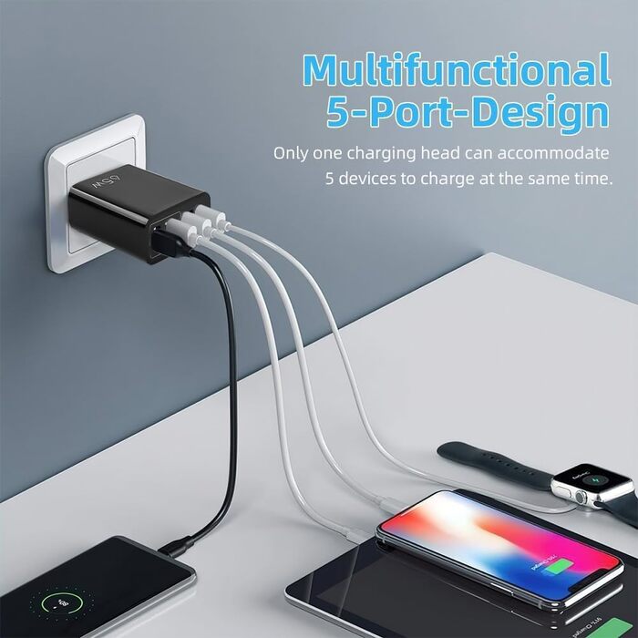 Мережевий адаптер AXFEE 65W 5-портовий з USB-C та USB-A, швидка зарядка PD 3.0, чорний
