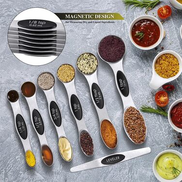 Measuring Cup and Spoon Set, 16 Pieces, Stainless Steel, 8 Nesting Measuring Cups and 7 Double-Sided Magnetic Measuring Spoon Set and 1 Leveler for Dry and Liquid Ingredients