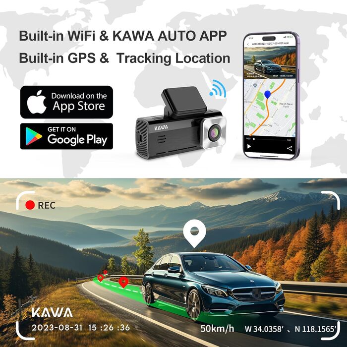 Відеореєстратор KAWA 4K Dual з GPS, WiFi, IPS екраном та 64GB SD-картою