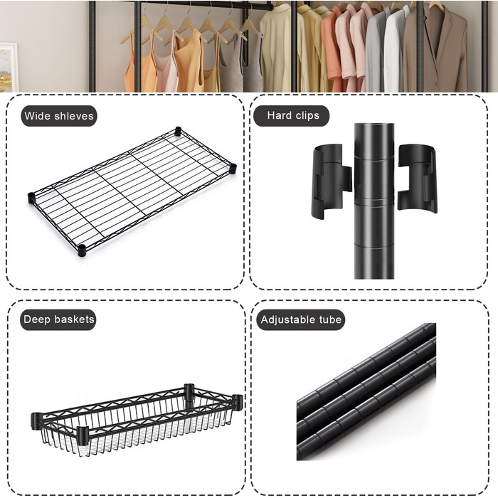 Heavy-Duty Clothes Rack, Garment Rod, Wardrobe, Freestanding Clothes Rail with Height-Adjustable Shelves and Storage Baskets, Load Capacity up to 320 kg, White (Black)