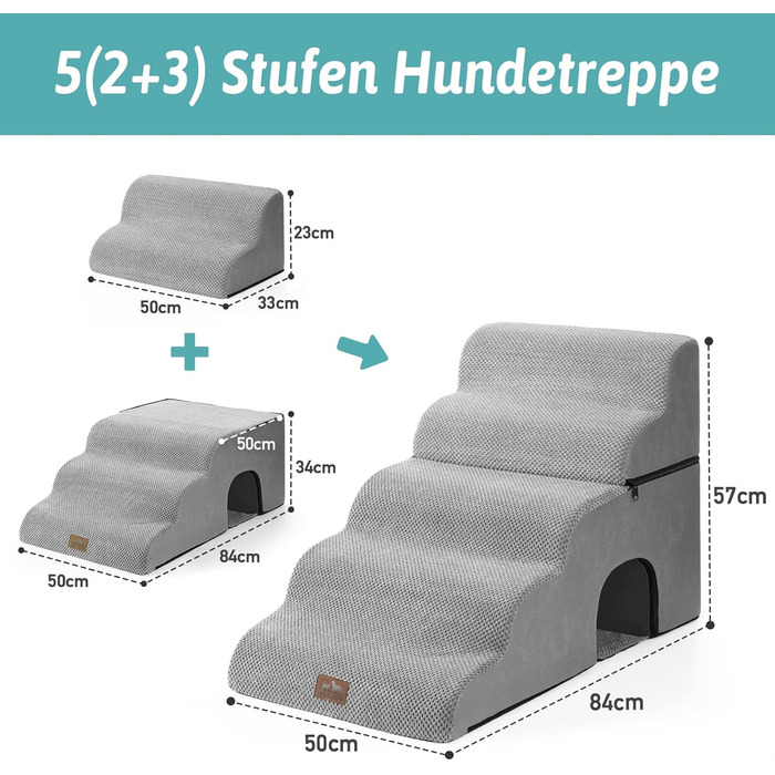 Dog stairs for small dogs, pet stairs for loft beds made of high-density sponge, dog stairs/ramp with washable cover (gray, 83x50x57cm-hole, 5.0)