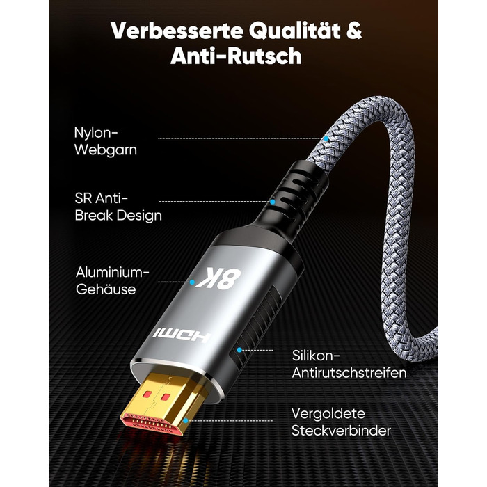 HDMI кабель Highwings 15м 8K, HDMI 2.1, 48Gbps, Ultra Highspeed, HDR10, eARC, DTS:X, HDCP 2.2/2.3, сумісний з PS5/PS4/PS3, HDTV, Blu-ray, монітор