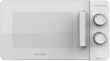 Мікрохвильова піч Cecotec Pro Clean 3120 з кварцовим грилем 800 Вт, антибактеріальним покриттям Ready 2 Clean, технологією 3D Wave, об'єм 20 л, 6 режимів, біла дверцята