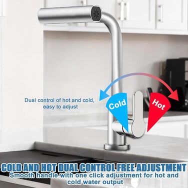 Кухонний змішувач Wasserhahn з поворотним виливом 360°, високий тиск, 4 режими струменя, з душом, з підключенням (нержавіюча сталь)