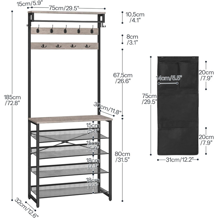 HOOBRO Coat Rack with Shoe Storage, Shoe Shelf with Coat Rack, Clothes Rack with 5-Tier Shoe Storage, Coat Rack with Shoe Cabinet, Adjustable Metal Grid Shelf, Greige EBG75MT01