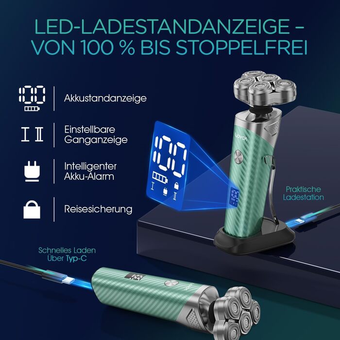 Електричний чоловічий верстат для гоління VOYOR TX500 (зелений) - 5D, мокрий/сухий, USB, LED дисплей, 150 хв роботи