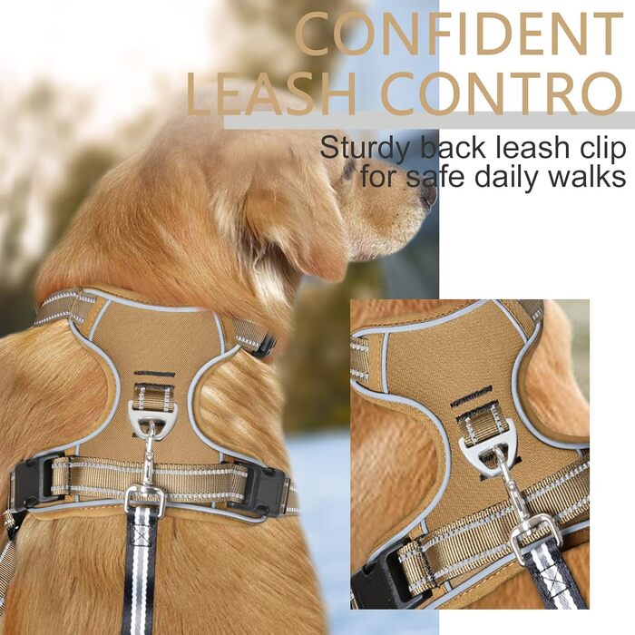 Шлейка для собак HEELE з регулюванням натягу, світловідбиваюча, для середніх собак, з м'якою ручкою, 1 пряжка, легко одягається, коричнева, розмір M, обхват грудей 38-71 см, Uni-Khaki