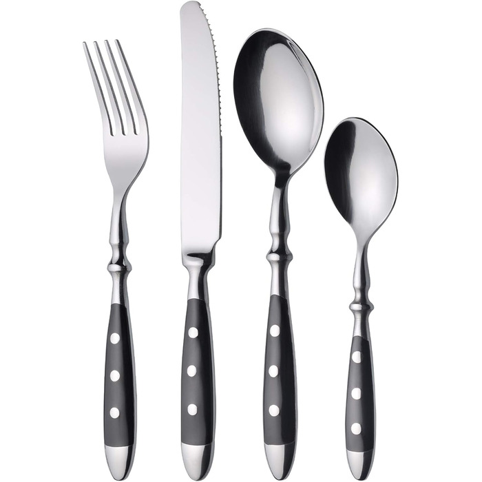 GRÄWE Stainless Steel Cutlery Set for 6 People, Heavy, Rustic, Flatware Set 24-Piece, Forged Cutlery with Black Handles - Nuremberg Series