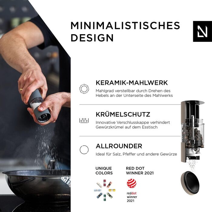 LARS NYSØM Salt and Pepper Mill Set made of Stainless Steel with Adjustable Ceramic Grinder, 2 Pieces | Manual Spice Mills with High-Quality Design (2 pcs) (Brown/Beige)