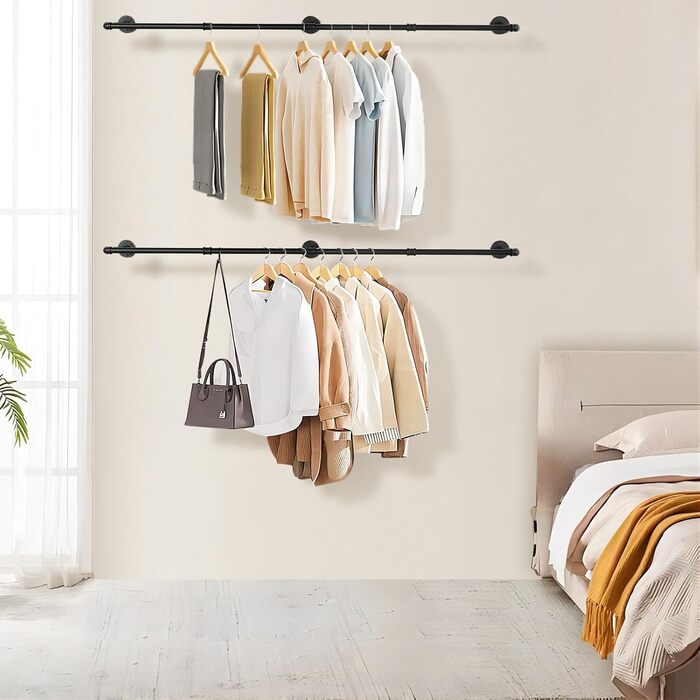 Yawinhe Industrial Pipe Clothes Rails, 180cm Clothes Rack for Wall, Space-Saving Wall Shelf Kitchen Shelf with 3 Bases, for Business, Black, 1-Pack, YMG004