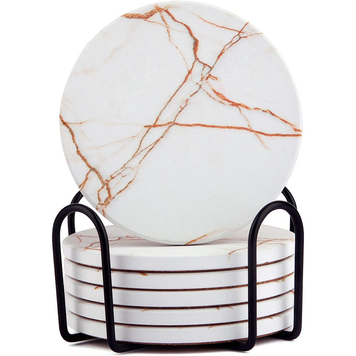 Fun coasters for drinks, marble-style, absorbent ceramic coasters with metal stand, housewarming gifts, decor set of 6, with cork base for wood table (White)