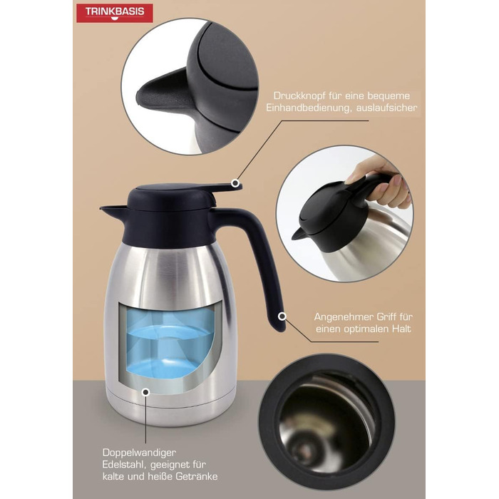 TRINKBASIS Insulated Carafe 1.5 L – Double-Walled Stainless Steel Thermos for up to 10 Cups of Coffee or Tea - Coffee Pot, Teapot