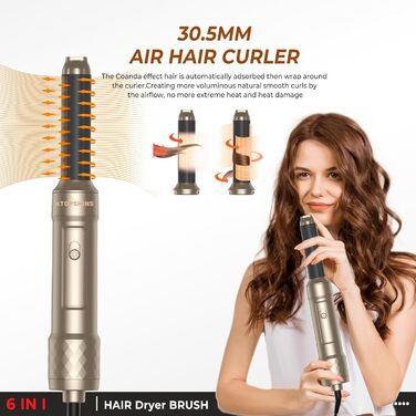 Atopskins Airstyler: Набір для укладки волосся 6-в-1 (фен-щітка, плойка, випрямляч), Золотий