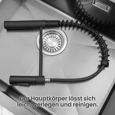 Кран кухонний CECIPA з висувною лійкою, високий поворотний вилив, 360° оберт, нержавіюча сталь, чорний