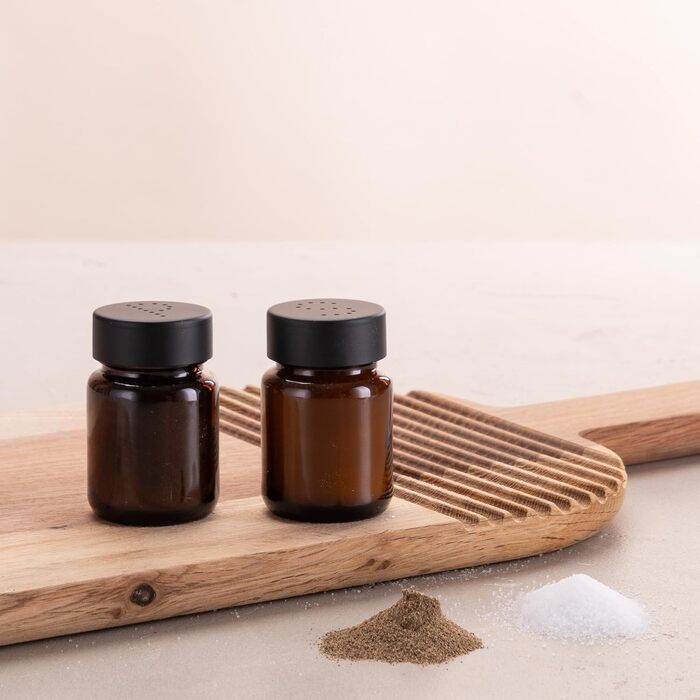 Salt and Pepper Shaker Set in Brown Glass - Salt Shaker with Stainless Steel Lid – Shakers for Pepper and Salt - Small and Modern Table Shakers - Salt & Pepper - 5 Sets