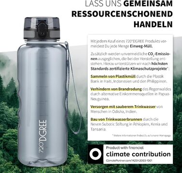 Пляшка для води 720°DGREE 'uberBottle' з ситечком 350мл-2л, BPA-Free, для спорту, школи, дітей, фітнесу, велосипеда, прогулянок. Спортивна пляшка Tritan 1500мл, сірий