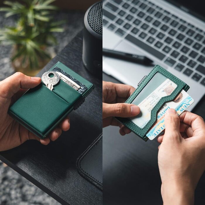 Чоловічий гаманець для карток VULKIT з EDC-відсіками, вікном для ID та RFID-захистом, Pop-Up механізм, металевий тонкий картхолдер (колір: нічний зелений)