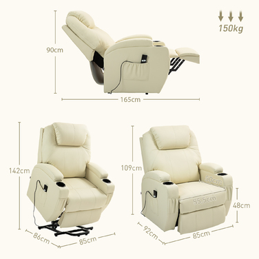 HOMCOM Power Lift TV Chair with Electric Recliner and Lie-Flat Function, TV Chair with Cup Holder, Side Pocket, and Remote Control, Faux Leather, Cream