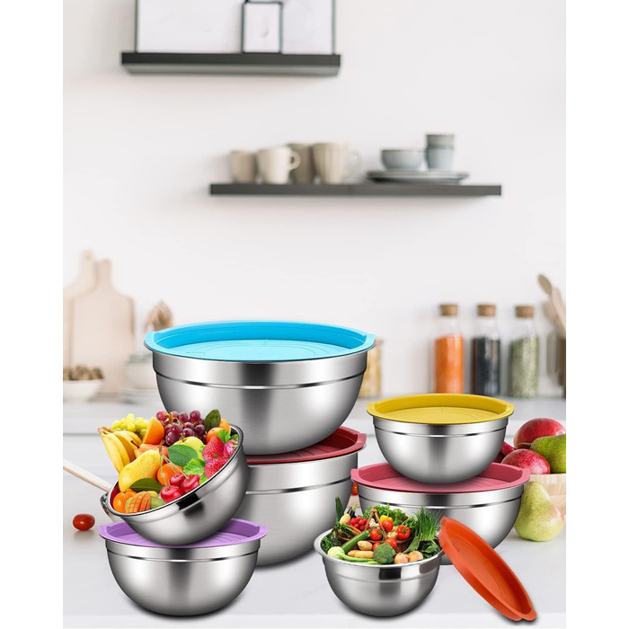 Set of 7 stainless steel bowls with colorful lids, mixing bowls, salad bowls, stackable for minimal storage, essential cooking, kitchen utensils