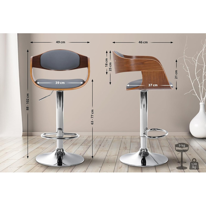 Kingston Adjustable Bar Stool with Faux Leather Seat - Walnut/Gray