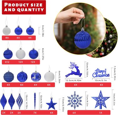 Набір прикрас для ялинки Aufun 108 шт. Преміум, пластикові кулі, верхівка, зірка, безпечні прикраси, ялинкові кулі, багаторазові, декор (шампань) (блакитний/срібний)