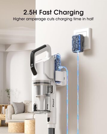 Бездротовий пилосос Klarpul 4800Pa з LED-дисплеєм та антизаплутувальною насадкою, 65 хвилин роботи, швидка зарядка 2 години, для твердих поверхонь та килимів, срібний