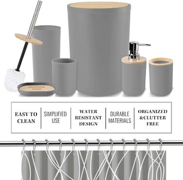 Набір аксесуарів для ванної кімнати Britimes, сірий: душова завіса, відро для сміття, дозатор мила, тримач для унітазної щітки, тримач для зубних щіток та стаканчик для зубних щіток