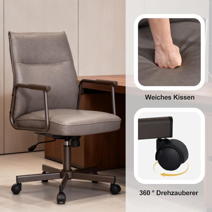 Офісне крісло Duhome з регулюванням висоти, поворот на 360°, матеріал PVC, для офісу, вітальні, спальні (сірий)