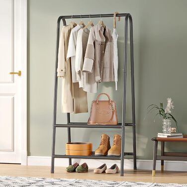 Robust metal clothes rack with double shelves for hanging clothes, freestanding and portable metal clothes rack, 62 L x 35 W x 157.5 H cm space-saving design, Gold (Black)