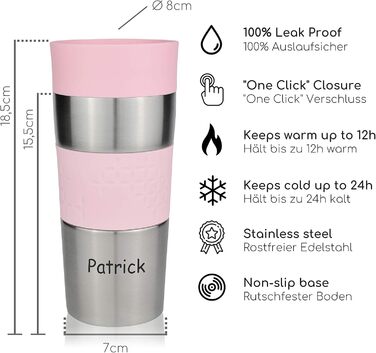 Термокружка Milu 450 мл - ізольована чашка для кави, 100% захист від протікання, сталева термокружка, автотермокружка з подвійними стінками, термокружка, термокружка для подорожей (350 мл (+гравіювання), рожева)